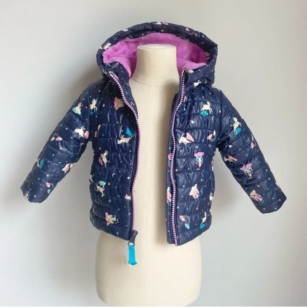 Cat & Jack Blue Unicorn Infant/Baby Girl's Midweight Puffer Hooded Jacket